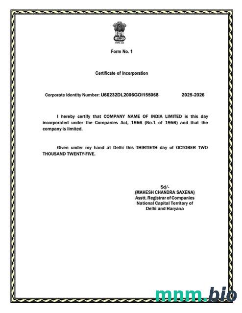 India vcertyfikat of inkorporacja Word i szablon PDF, version 5